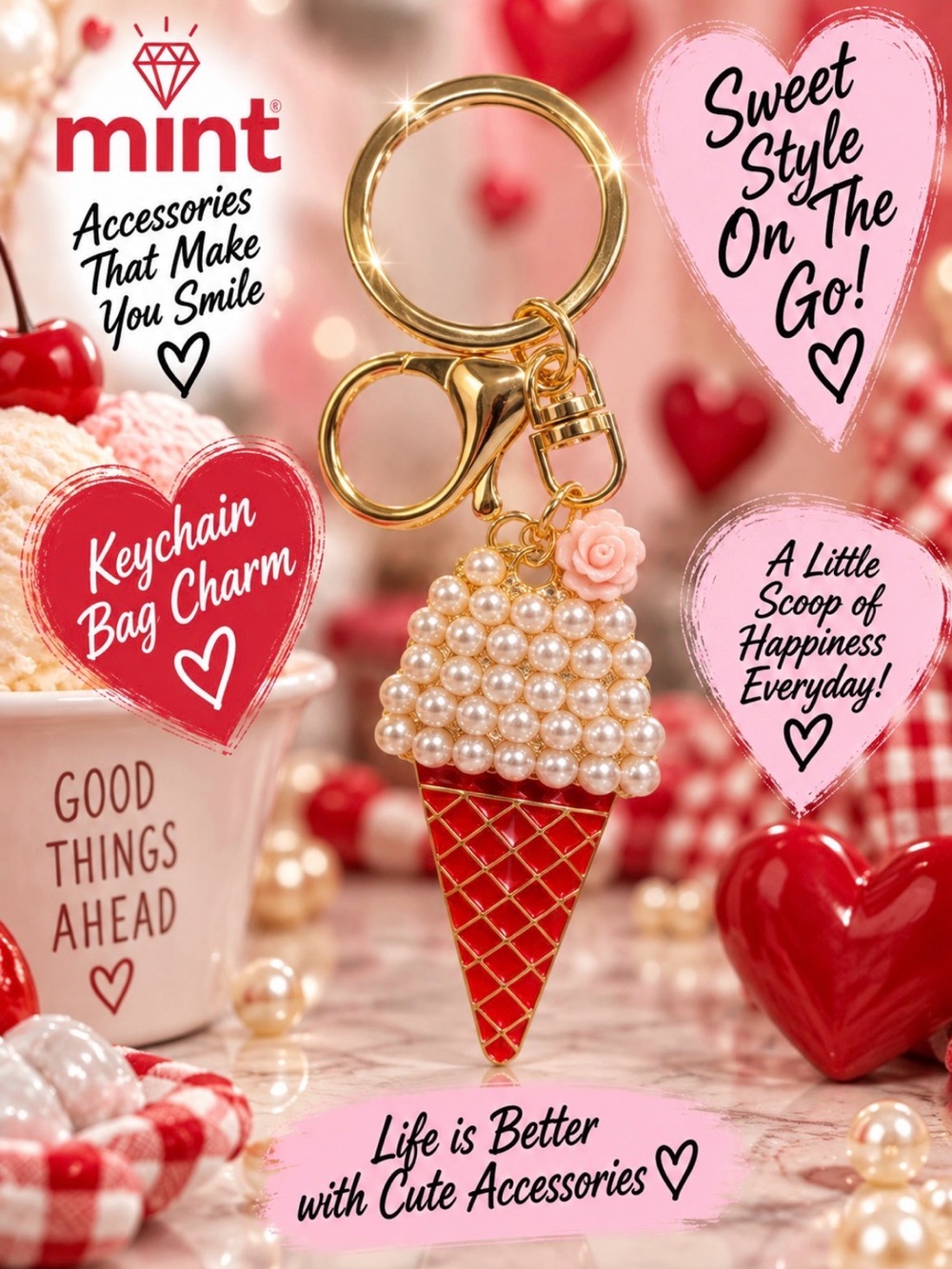 Pearl Embellished Ice Cream Cone Keycain Bag Charm - Red